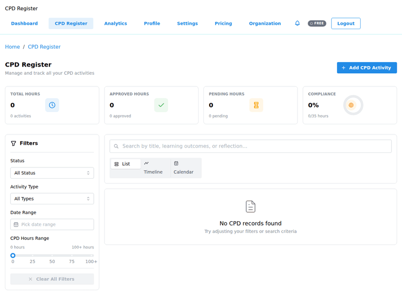 Brivkor CPD Register with activity tracking and filters