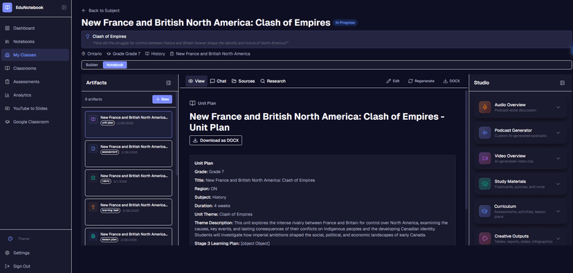 Cognitive Education Notebook view with artifacts and Studio panel