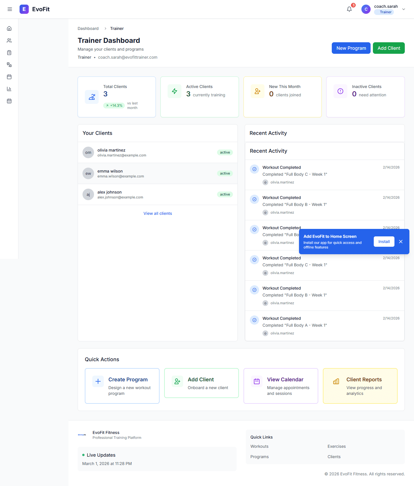 EvoFit Trainer Dashboard with clients and activity
