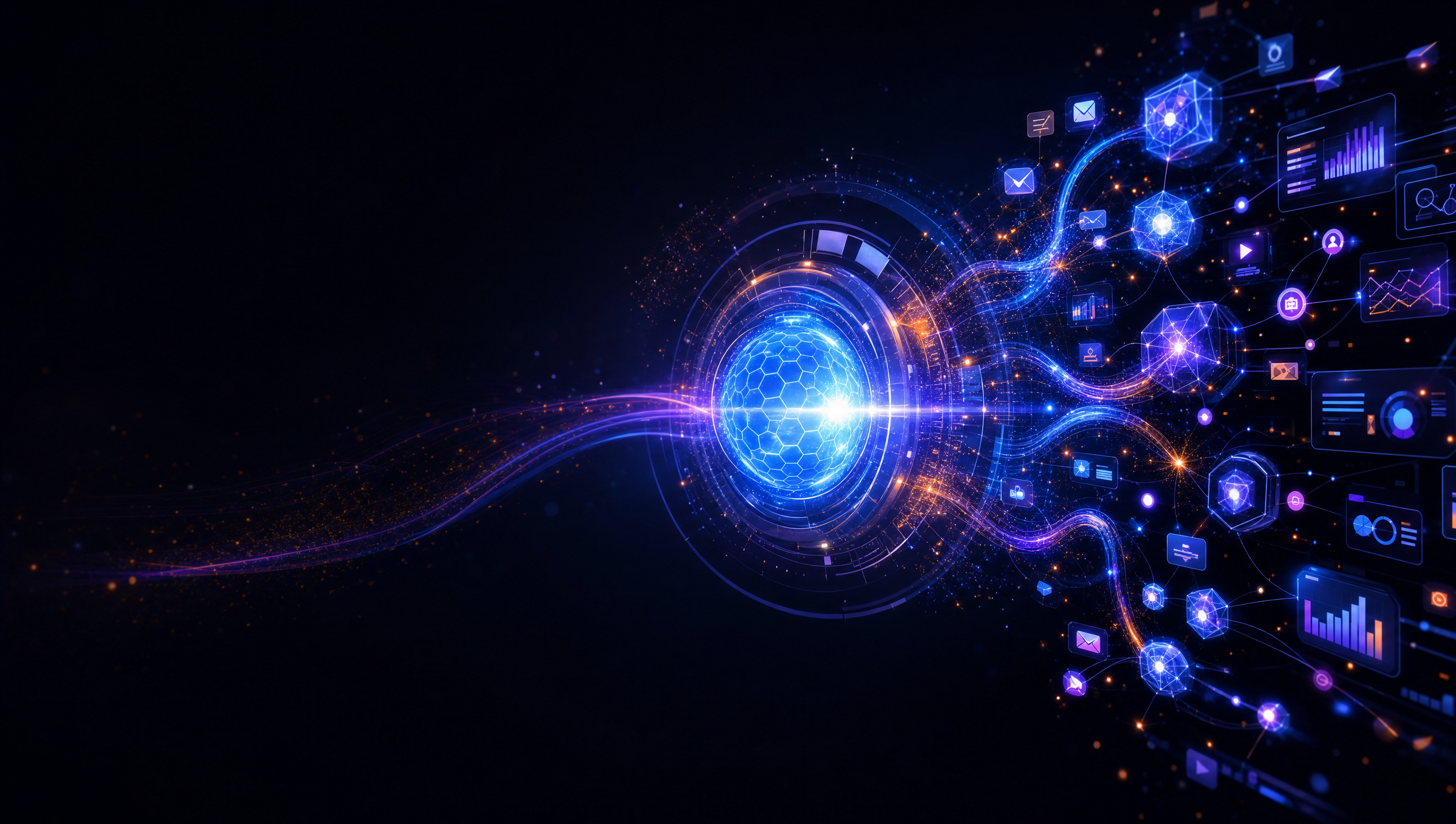 An autonomous AI marketing and sales engine: a glowing core feeding automated content, messaging, and analytics pipelines